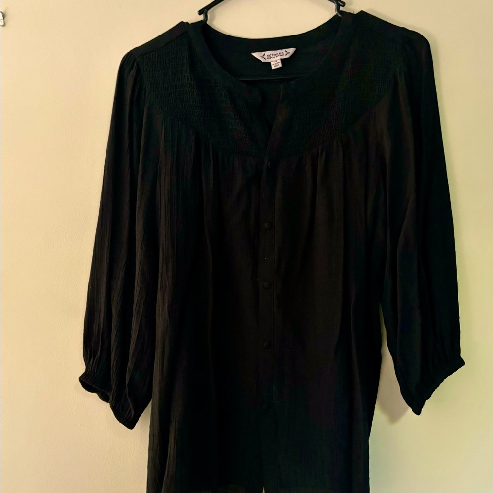Smocked Black Blouse with Puckered Fabric 3/4 Length Sleeves Size M